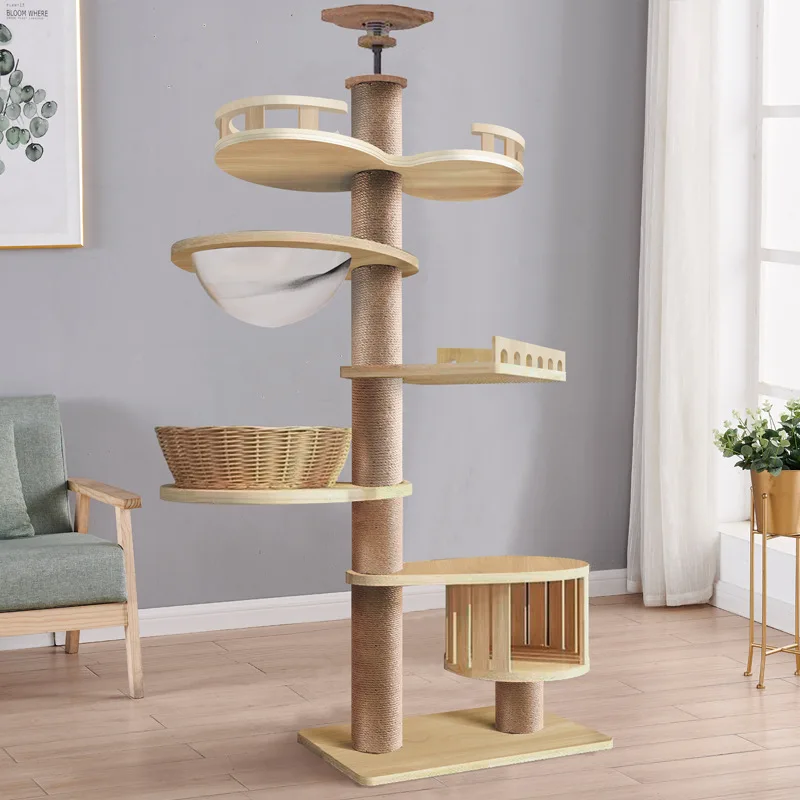 Multi-Level Ceiling Cat Tree Tower Wood Climbing Frame Sisal Rope Cat Scratching Posts Grinding Paws Perch Tower Kitten Condos