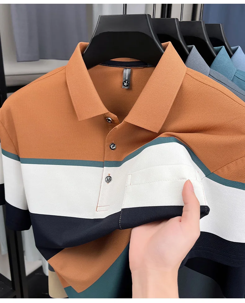 Fashion luxury striped short sleeve polo shirt summer new trend pocket design comfortable breathable Korean casual golf T-shirt 20 Sf8cf5b580a3e44549a1a109309e4a361W