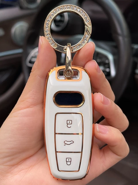 Car Key Fob Cover TPU Gold Plated is Suit for Audi A4 Q7 Q5 TT A3 A6 SQ5 R8  S5 Models Car Key , Available for Men and Women (White)