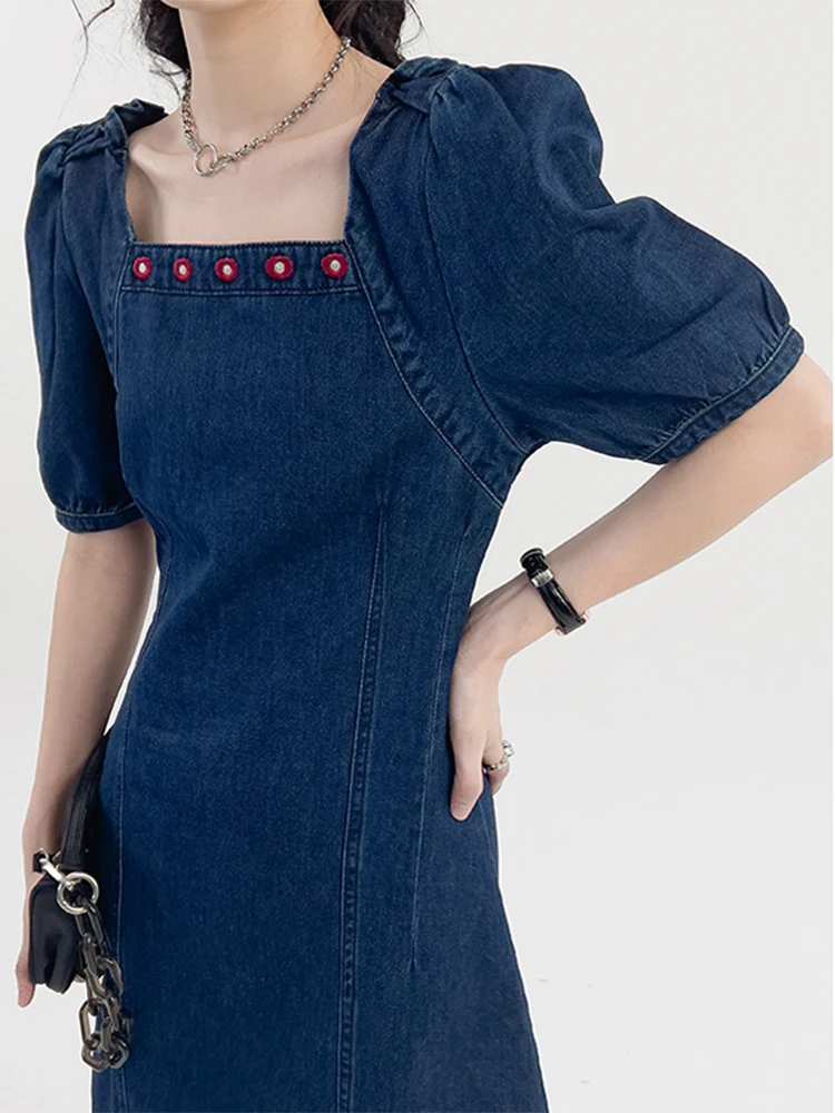 

Summer Denim Dress for Women Square Collar Short Sleeve Knee Length Dresses Girls Students Fashion Clothes Jeans Outwear