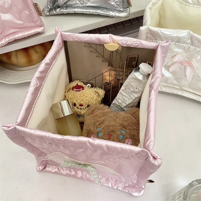 Sweet Korean Stationery Organizer PU Leather Bow Heart Style Photocard Makeup Desktop Storage Organizer School Student Supplies