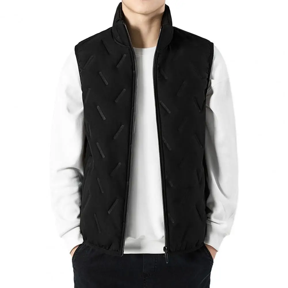 

Solid Color Casual Vest Coat Winter Men's Solid Color Warm Waistcoat with Stand Collar Sleeveless Design Rectangular Embossed