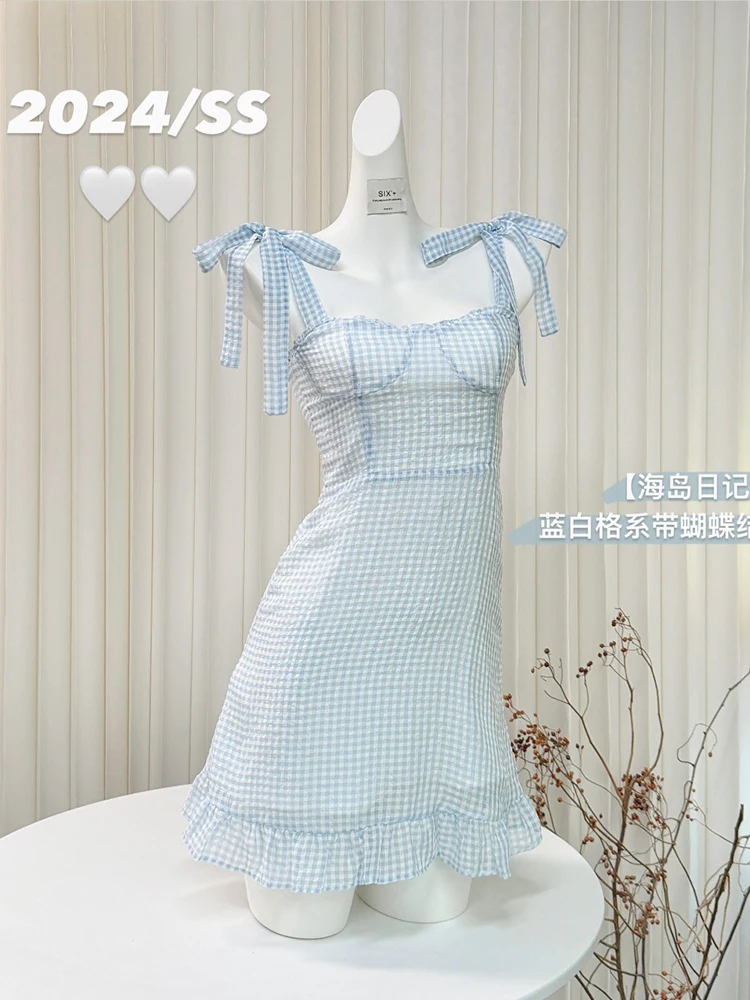 

Summer Korean Cute Core Mori Girl Vintage Sleeveless Dress Women Plaid Frocks 2000s Aesthetic Evening Party Coquette Gyaru Y2k