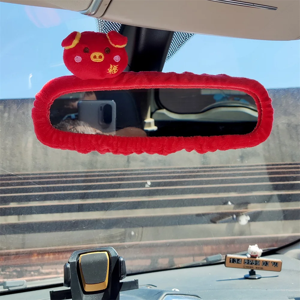 Cartoon Fruit Strawberry Car Interior Rearview Mirror Cover Plush Auto Rear View Mirror Cover Decoration for Women