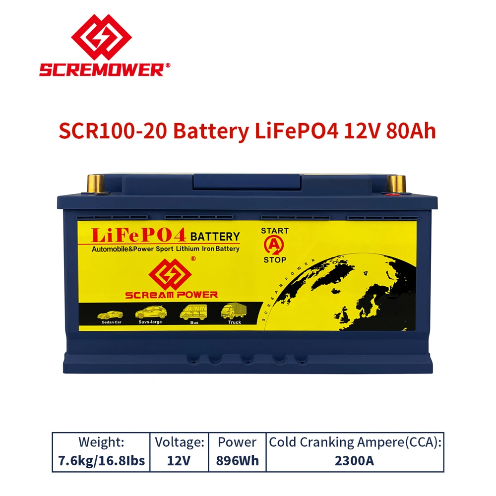 Scr100-20 High CCA1900A 12V 100Ah LiFePO4 Car Battery Is Ideal For All Types Of Cars, RVs, Solar Trailers, Boats And Camping