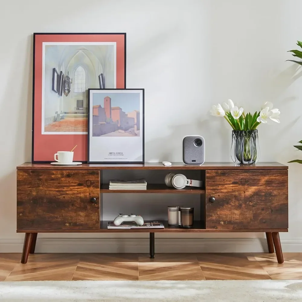 TV Stand for 55 60 inch TV, Entertainment Center with Storage Cabinet, Mid Century Modern Media Console Table, Adjustable Hinge