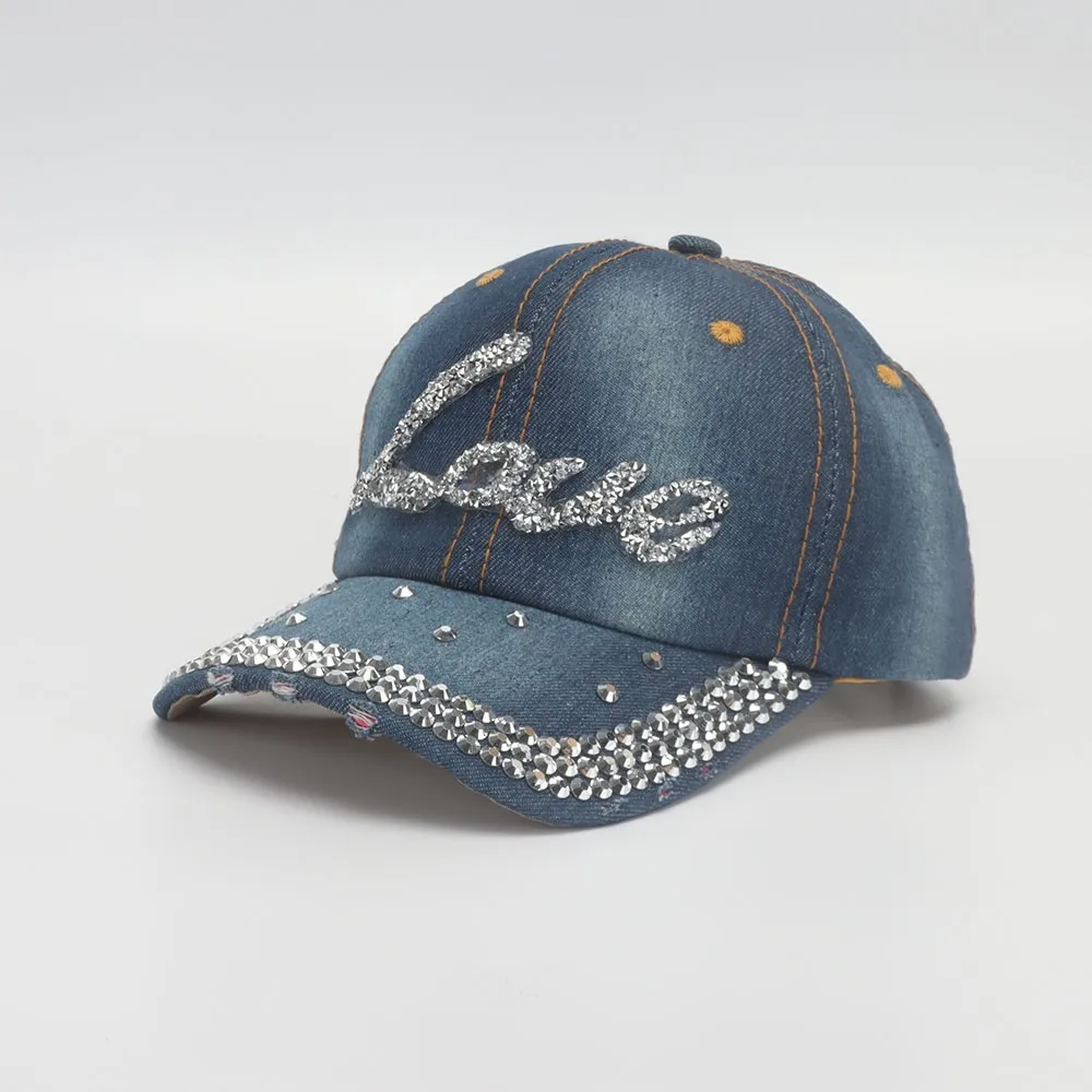 Denim Cap Women's Hats Summer Baseball Cap Rhinestone Love Snapback Sunshade Casual Vintage Bone Casquette Gorro