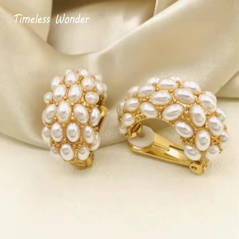 

Timeless Wonder Retro Faux Pearl Geo Clip on Earrings for Women Designer Jewelry Punk Runway Goth Luxury Brand Brincos Rare 5125