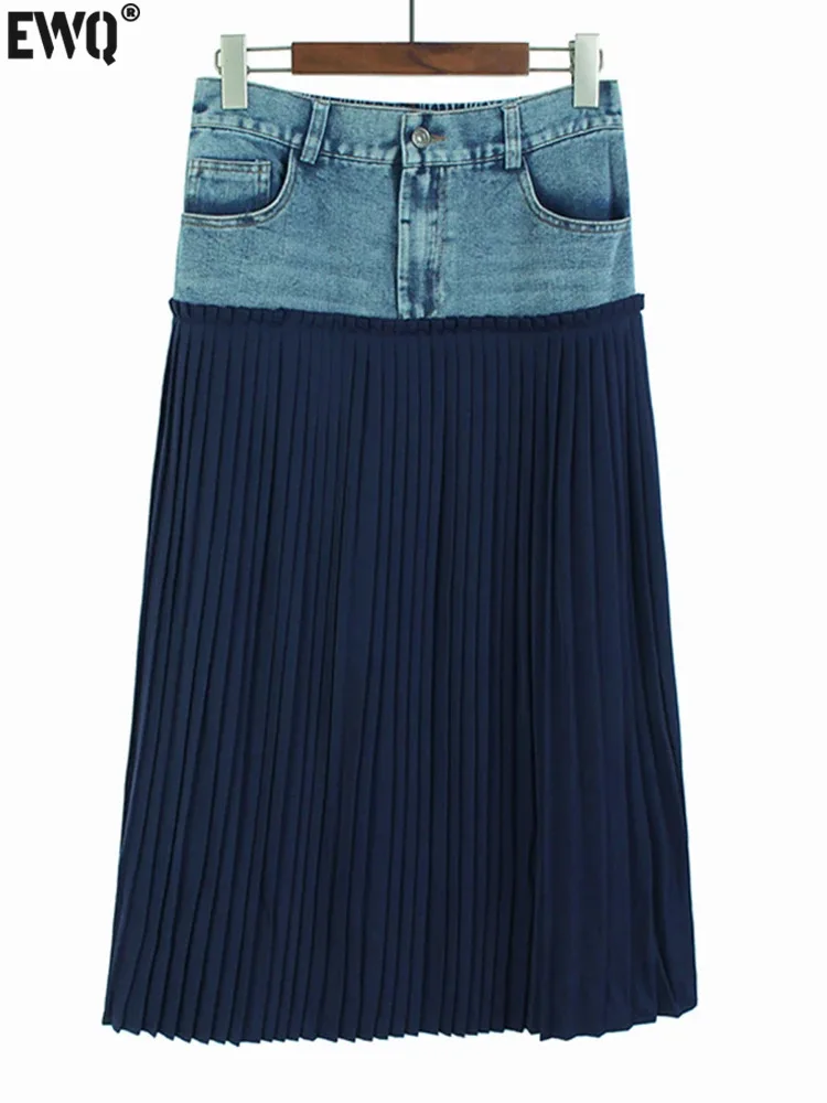 

[EWQ] Vintage Pleated Patchwork A-line Skirt For Women Denim Spliced High Waist Pocket Skirts 2023 Autumn Winter New 16U5410