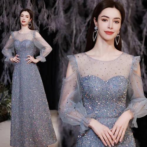 SSYFashion Mới Màu Xám Xanh Dương Kim Sa Dạ Hội Cho Nữ Cạp Chữ A Tay Dài Tầng-Chiều Dài Lấp Lánh Chính Thức Bầu Vestidos long sleeve formal dresses Evening Dresses