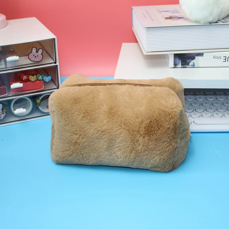 Custom Name Solid Color Cosmetic Bags Cute Fur Makeup Bag for Women Travel Make Up Toiletry Bag Washing Pouch Plush Pen Pouch 6