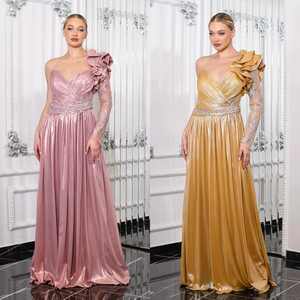 

Yipeisha Fashion High Quality One-shoulder A-line Paillette / Sequins Draped Tulle Charmeuse Evening Dresses
