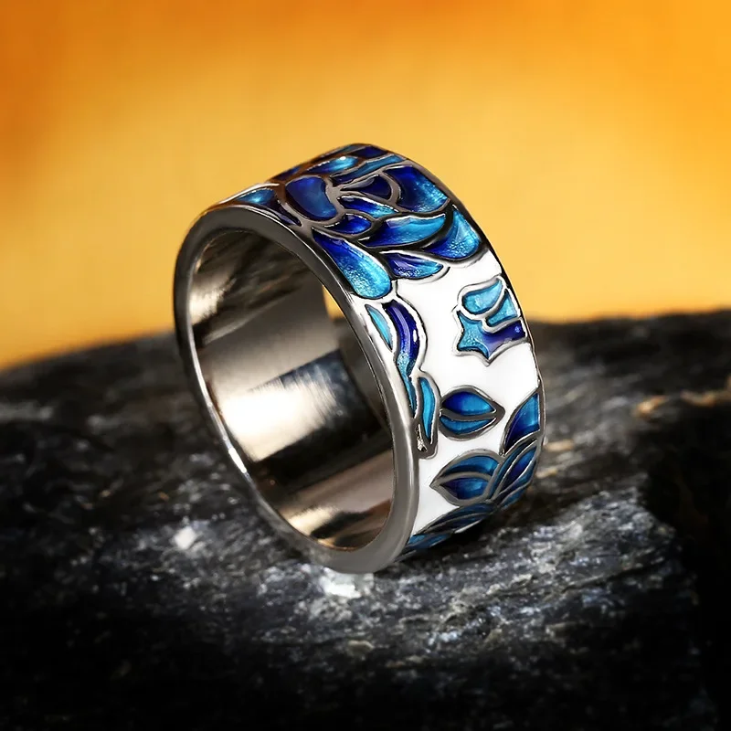 Silver Ring Wedding Rings Silver Rings Ladies Classic Epoxy Enamel Blue Flower Ladies Ring 925 Silver Jewelry Wedding Ring Bridal Jewelry Wide Silver