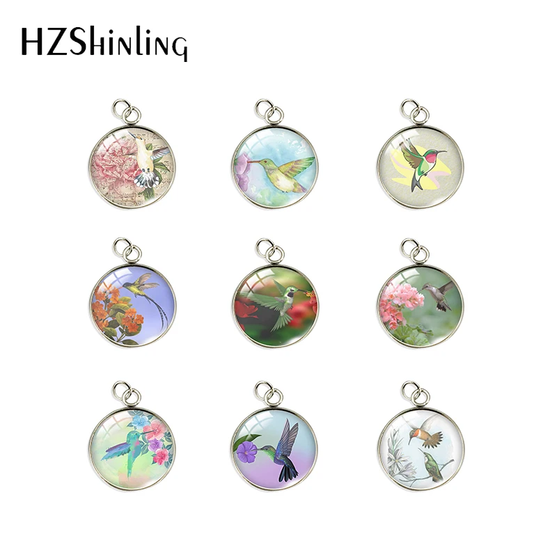 

2023 New Fashion Hummingbird with Flowers Jewelry Round Glass Dome Pendant Handmade 14mm 20mm Charms Pendants