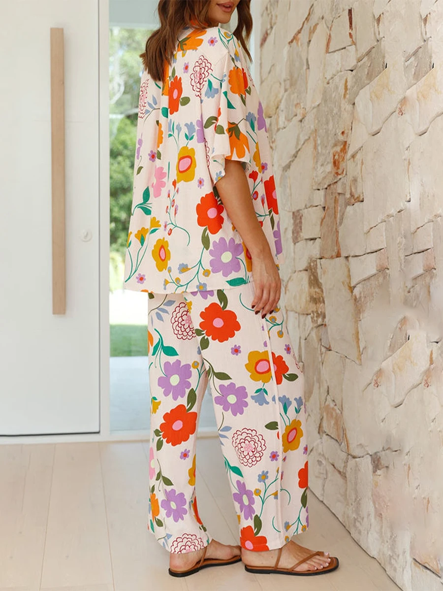 

Женская Повседневная пляжная одежда из двух предметов, рубашка на пуговицах с коротким рукавом и цветочным принтом и широкие брюки, свободный крой, комплект для отдыха