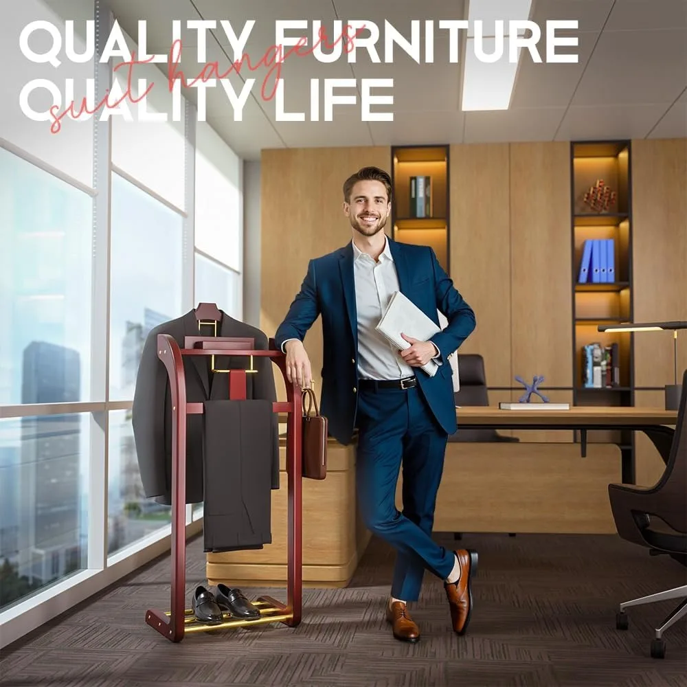 suit valet stand for men and women, wood clothing valet stand suit with contour hanger, tray, trouser bar, tie bar and shoe rack