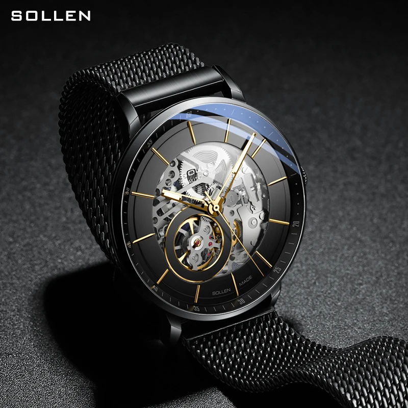 SOLLEN fully automatic mechanical men's watch hollowed out watch all steel mesh with business men's