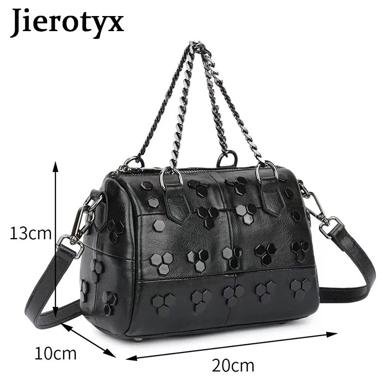 JIEROTYX Handbags for Women Gothic Rivet Female Tote Shoulder Bag Studded Leather Satchel Bags with Chain Black Leather