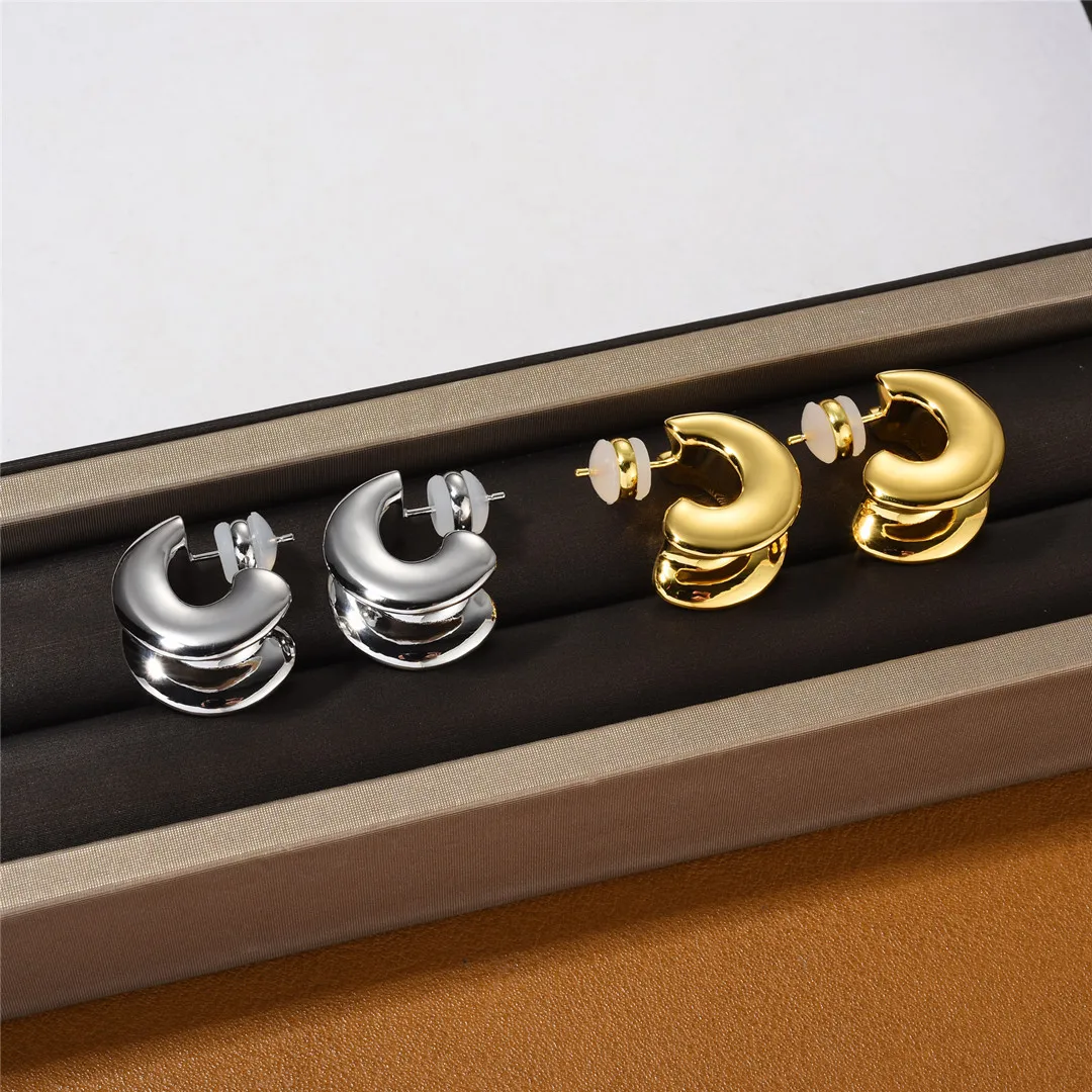 Brass With 18K Rugged CC Stud Earrings Women Jewelry Punk Party T Show Gown Runway Korean Japan INS