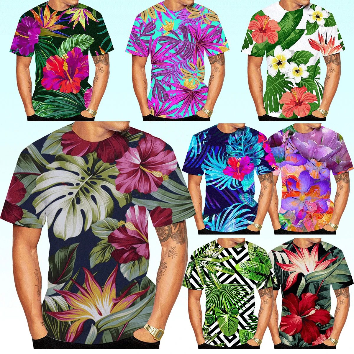 

3D Printing Hawaiian Flower Print Shirt Unisex Round Neck Short Sleeve T-shirt