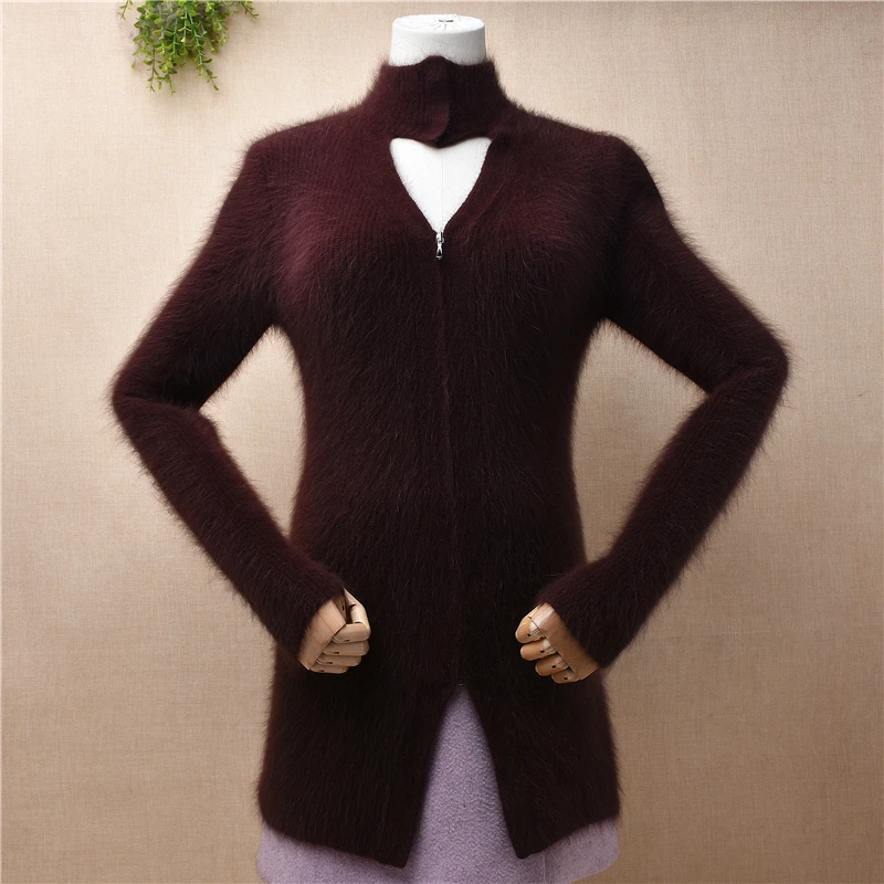 

04 Elegant Fashion Ladies Women Fall Winter Clothing Hairy Mink Cashmere Knitted Turtleneck Slim Cardigans Angora Fur Sweater