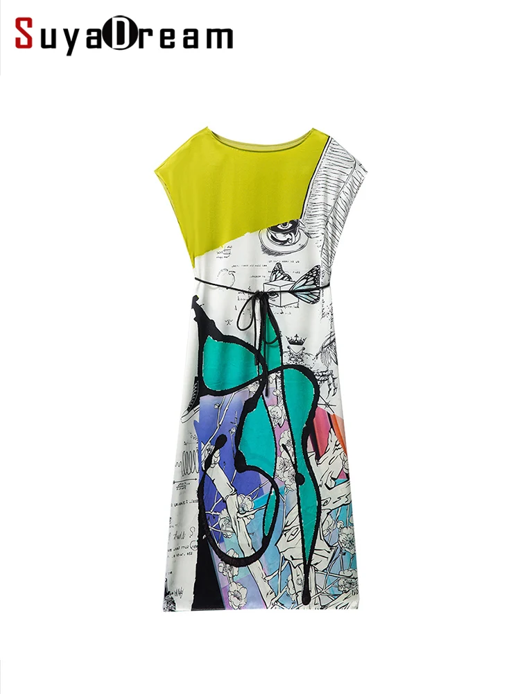 SuyaDream Women Printed Long Dresses 90Real Silk Bat Sleeves Sashes