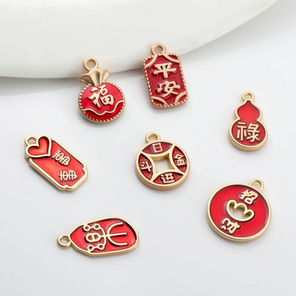 

Zinc Alloy Enamel Charms Chinese Characters Good Luck Bless Charms 10pcs/lot For DIY Bracelet Jewelry Making Accessories