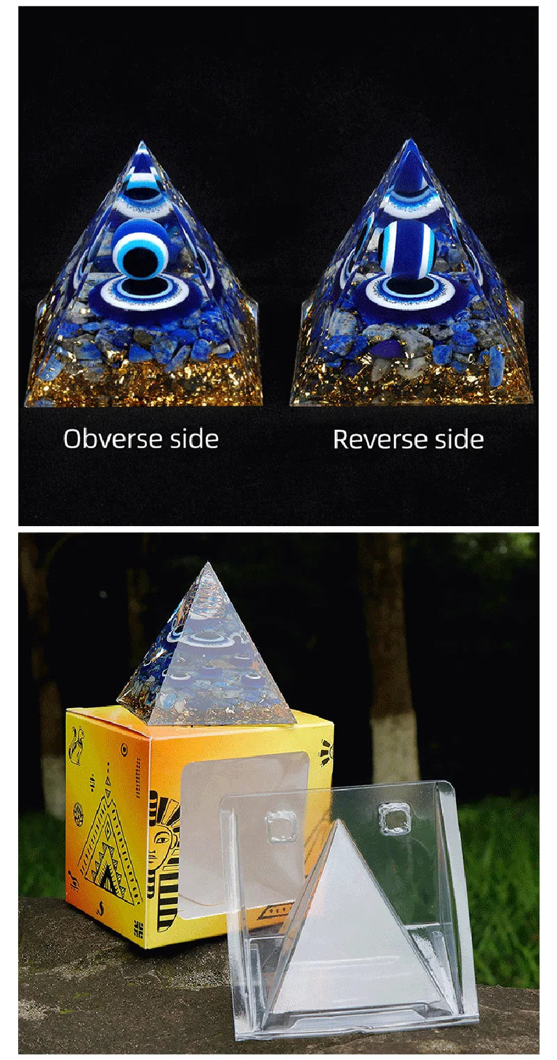 Evil Eye Crystal Pyramid Blue Eyes Natural Lapis Lazuli Stones Healing Crystals Resin Pyramids for Home Decor Ornament Gift Box