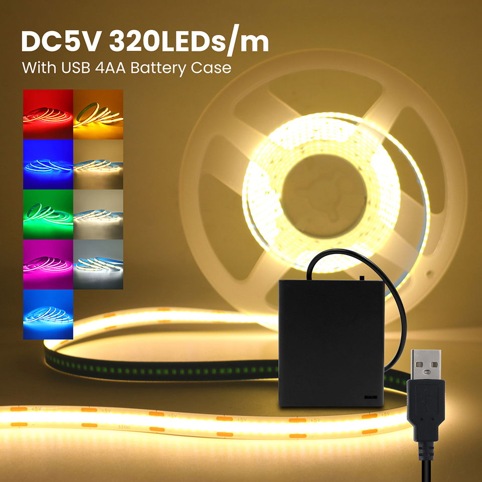  3mm 5mm 8mm PCB COB Led Strip Light  with Switch USB Battery Power 5V DC White Red Yellow 320LEDs/m Flexible Adhesive Tape Lamp 