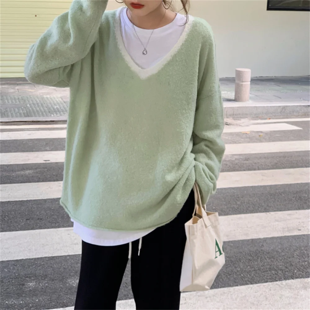 HziriP V-Neck Patchwork Loose Sweaters Women Oversize Chic 2021 Pullover Stylish Office Lady OL Casual Autumn Streetwear Hot vintage sweaters Sweaters