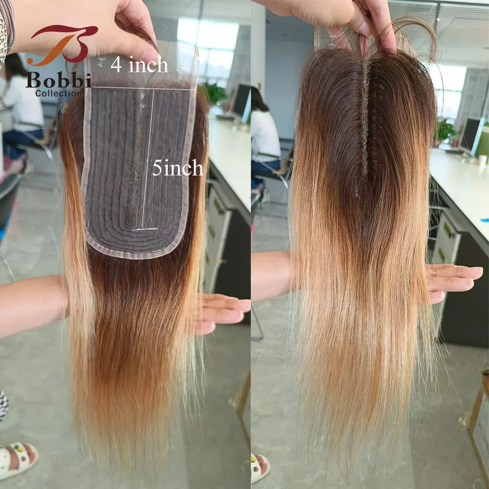 Human Hair Lace Frontal Ombre Brown Blonde Lace Closure Middle Part 12 inch T4/27 Transparent Lace Remy Human Hair Bobbi Collection