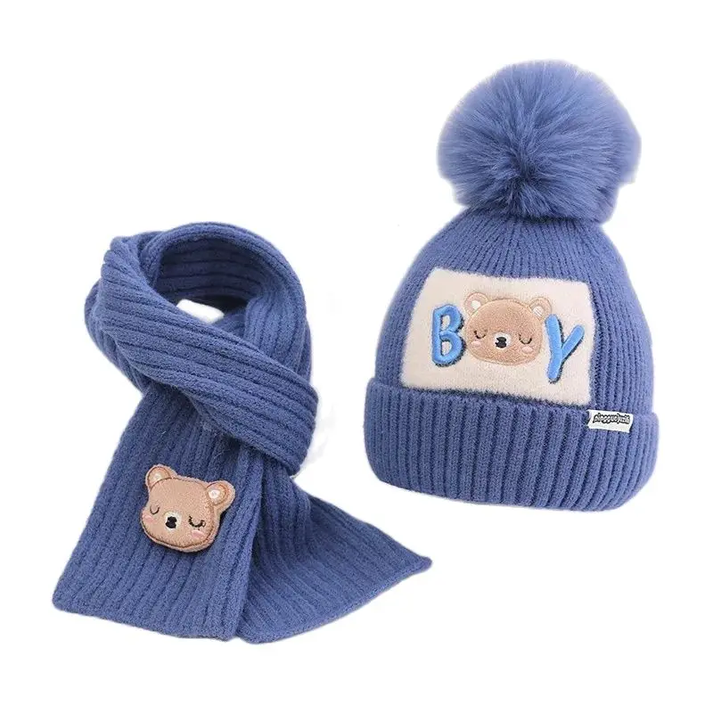 

Doitbest 2 Pcs Pompom Kids Hat Scarf Set Boy Embroidery Knit Warm Child Hats For Boys Girls Bonnet Beanie Winter Children Cap