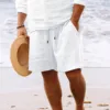 2024 Men's Summer Shorts New Cotton And Linen Comfortable Striped Multi-Pocket Casual Hawaiian Beach Shorts 1