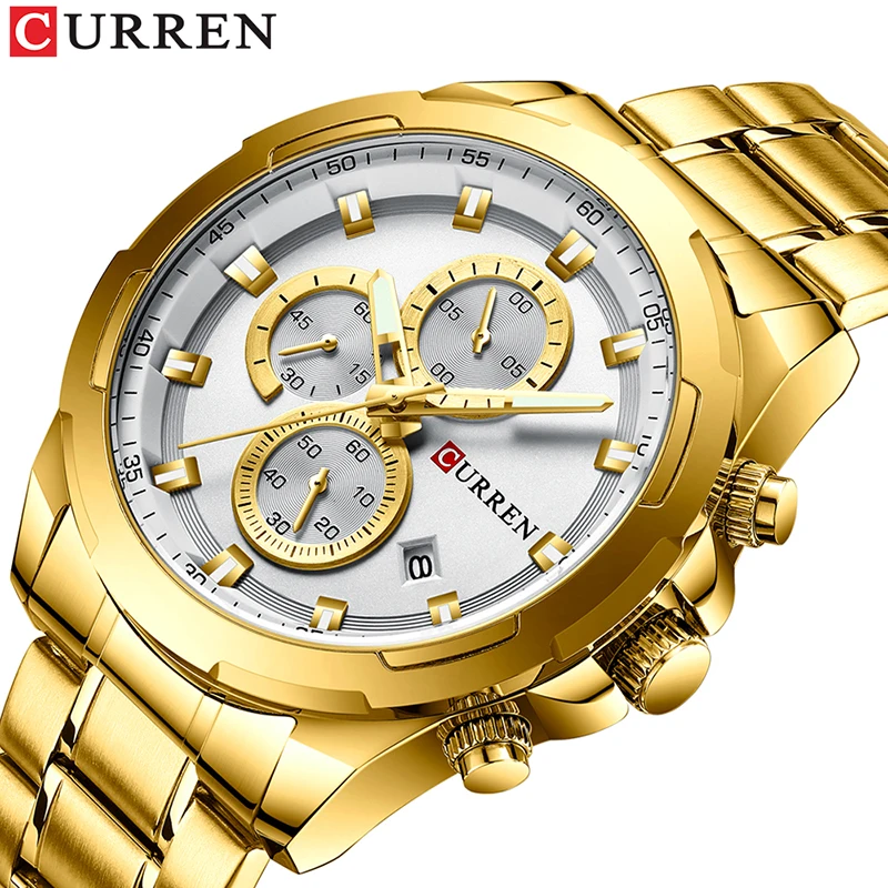 

Men's Watches Top Brand Luxury Chronograph Gold Watches Men Stainless Steel Golden Male Quartz Wristwatches Relogio Masculino