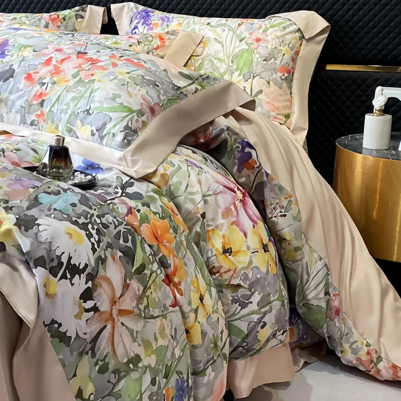 Floral Print 600TC Egyptian Cotton Bedding Queen King Comforter Cover Soft Duvet Cover Set Flat/Fitted Bed Sheet Pillowcases