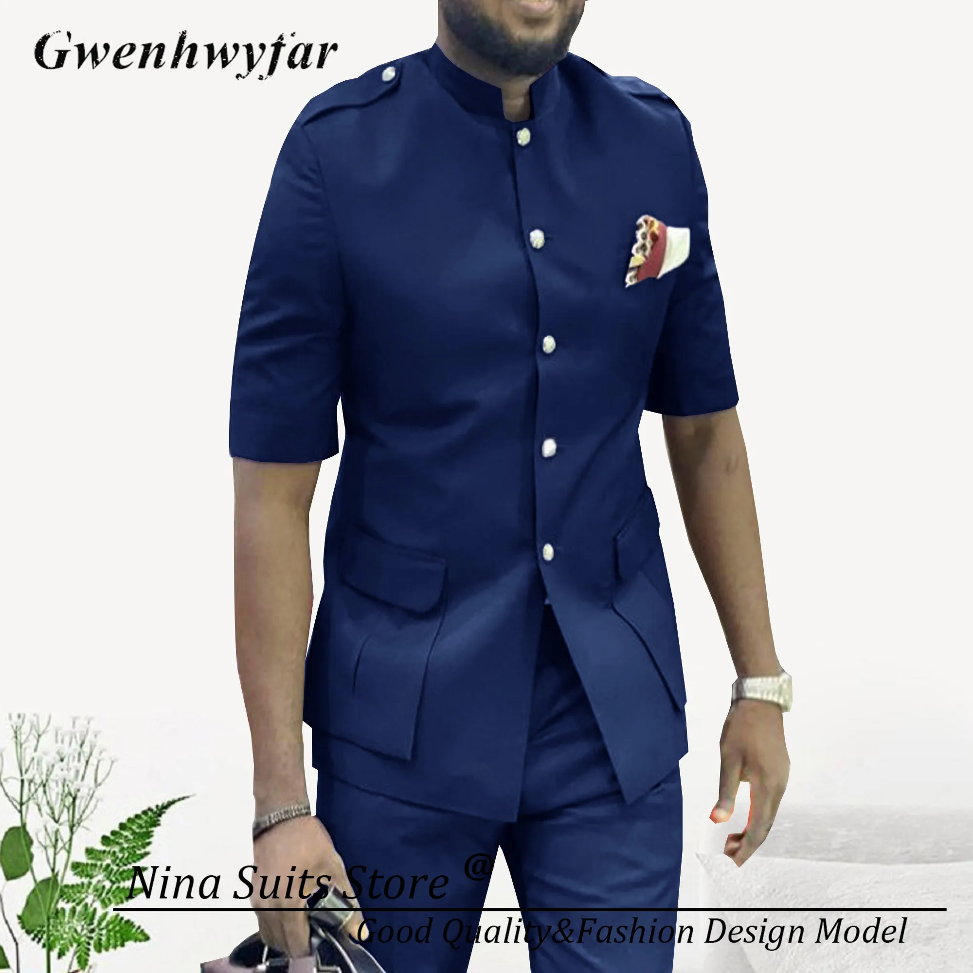 Nina Store African Style Men's Summer 2-piece Suit Formal Short Sleeved Gray Jacket and Pants Metal Silver Buttons on Blazer