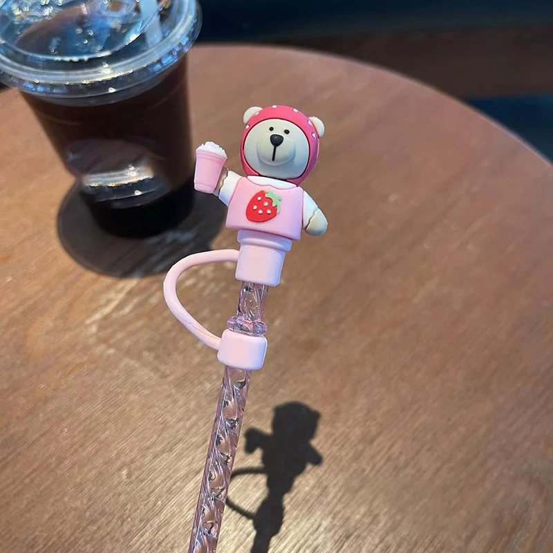 먼지 커버 캡이있는 귀여운 곰 짚 실리콘 카와이 고양이 발톱 짚 스토퍼 텀블러 핑크 빨대 팁 커버 보호대 7mm
