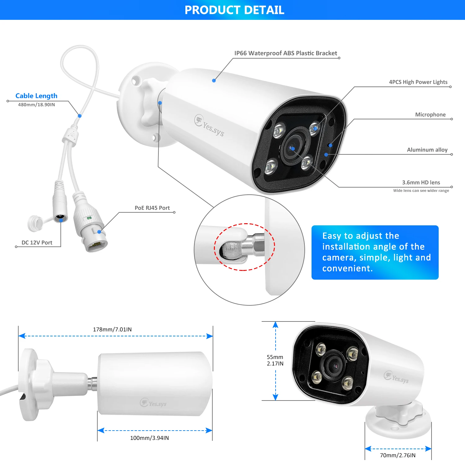 . sys-4MP IP PoE Aduio Ѿ  ī޶, AI ü  4 LED ÷ ߰ ð, Hikvision NVR RTSP ȣȯ