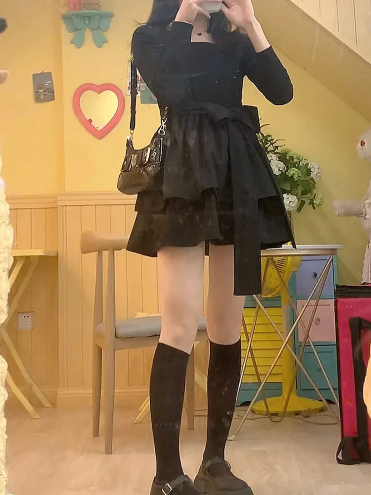 Long Sleeve Dress Women Autumn Black Solid Bow Daily Casual