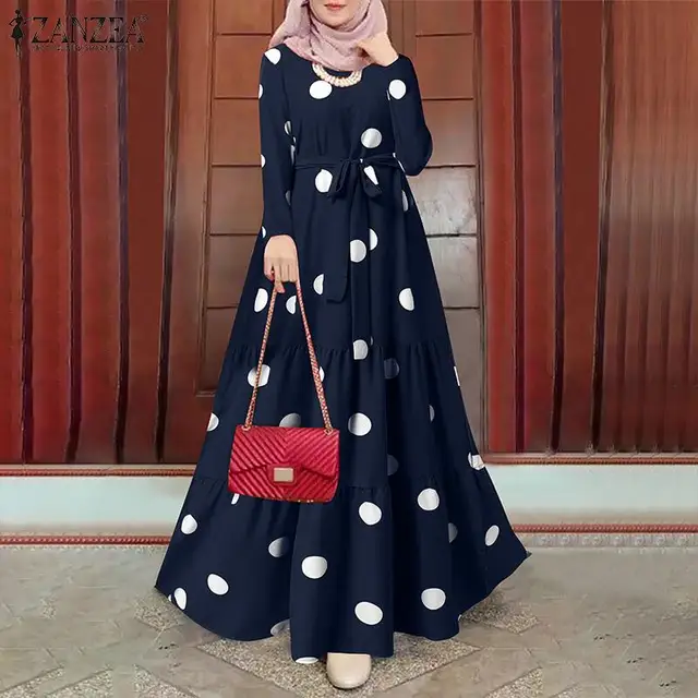 ZANZEA Women's Vintage Dress Femme Robe Maxi Dress Mulsim Dubai Turkey  Hijab Abaya Sundress Polka Dot Printed Islamic Ramadan 7 - AliExpress
