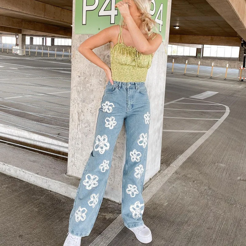 New Fashion Retro Flower Print Graffiti High Waist Jeans Women Casual Straight Jeans Y2k Baggy Wide Leg JeansWomen's Clothing