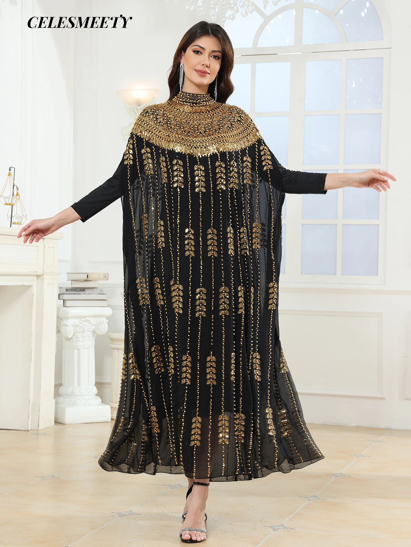 Luxury Women's Royal Black Gold V-Neck Sequin Embroidered Arabian Abaya Cloak Sleeve Dress, Suitable For Parties, Weddings, Fami 3