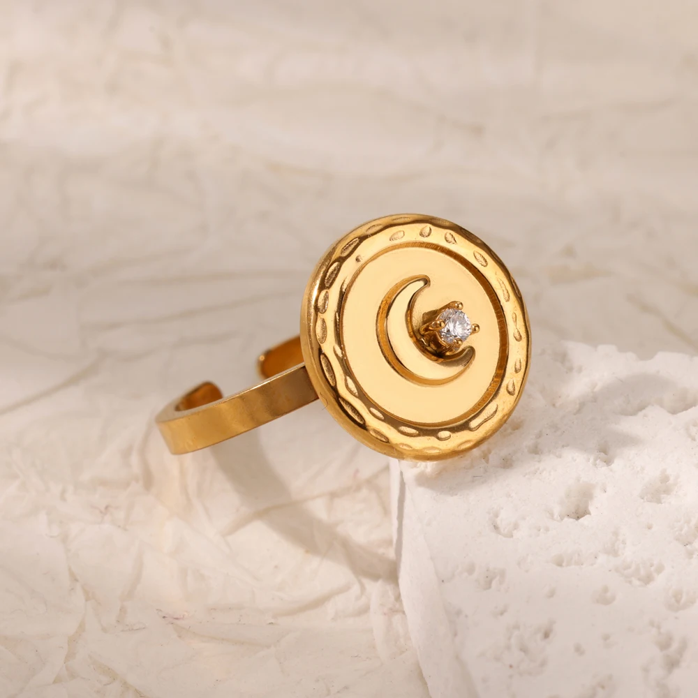 Zircon Roud Moon Rings Gold Color Stainless Steel