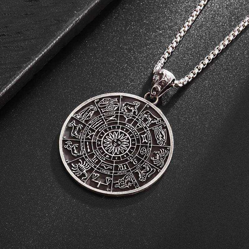 

Exquisite Divination Fortune-Telling Amulet Twelve Zodiac Pendant Necklace Men's Punk Personality Rock Jewelry Gift