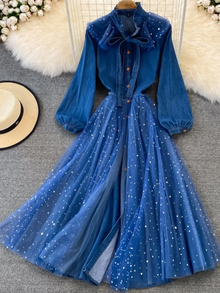 

Autumn New Elegant Casual Patchwork Midi Women Party Denim Dress Vintage A-Line Loose Fashion Robe Femme Prom Clothes 2022