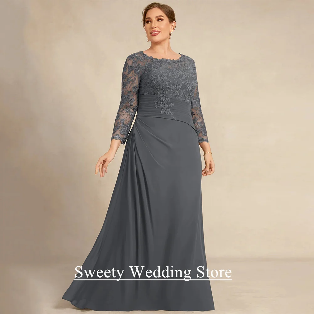 Grey Mother of Bride Dress Plus Size Scoop 3/4 Sleeves Pleat Applique Chiffon A Line Wedding Guest Gown