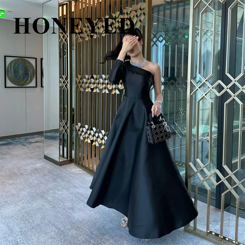 

HONEYED 2024 Long Sleeves Black Prom Dresses One Shouder Ankle Length Saudi Arabia Women's Formal Occasion Dress Evening Dress