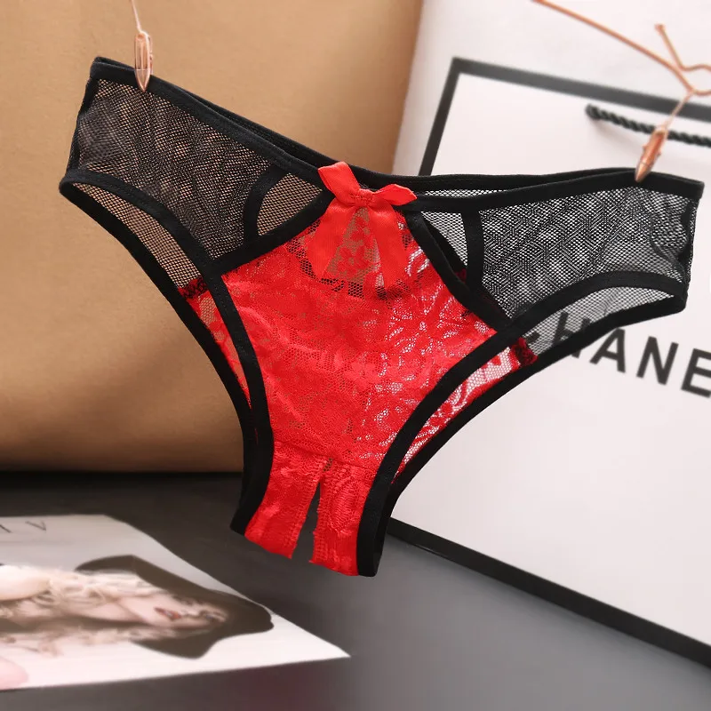 

Sexy Lace Women's Panties Japanese Low Waist Open Crotch Thong Transparent Colored Mesh Women's Underwear