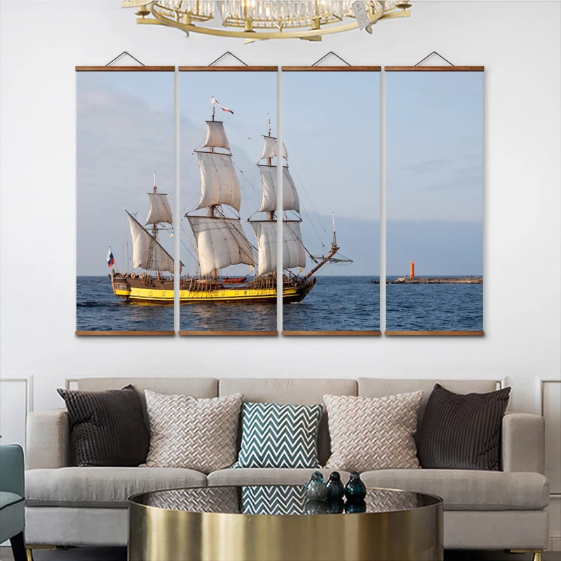 

MT0110 Chinese Style Sailboat At Sea Decorative Wall Art Canvas Posters Solid Wood Scroll Paintings