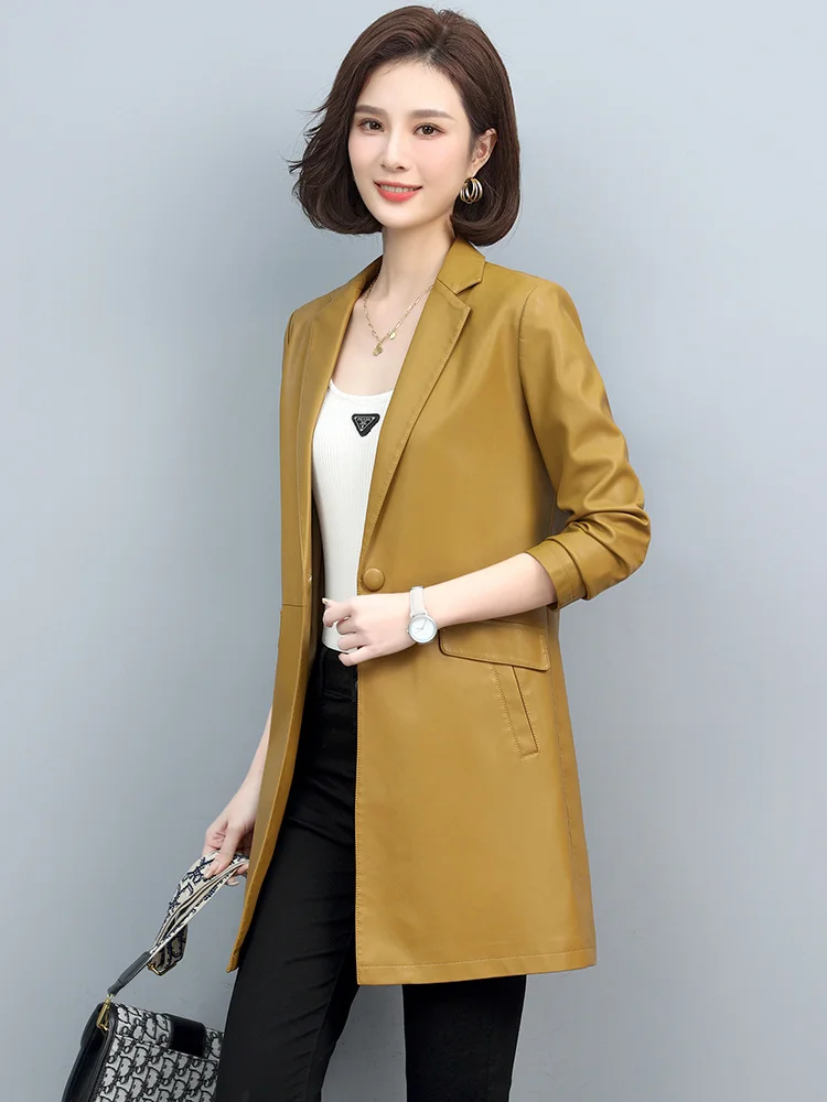 

Haining Genuine Leather Coat Women's Mid length Korean Edition 2023 Spring and Autumn New Sheepskin Suit Collar Slim Fit Leather